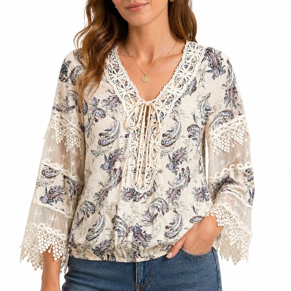 White House Black Market Blouse Womens Small Paisley Crochet Lace Bell Sleeve